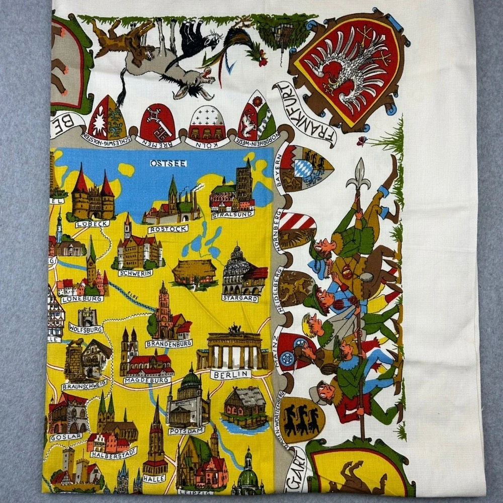 Vtg 50s Germany Souvenir Map Tea Towel Illustrated Cities Coats of Arms‎ 62